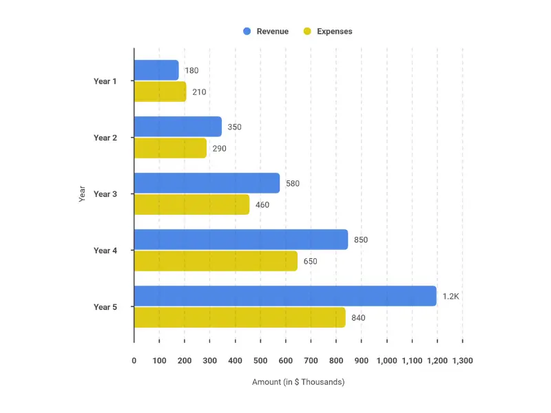 NEMT business 5-year financial projection showing revenue growth from $180,000 in year one to $1.2 million by year five with profit margins increasing from negative to 30%