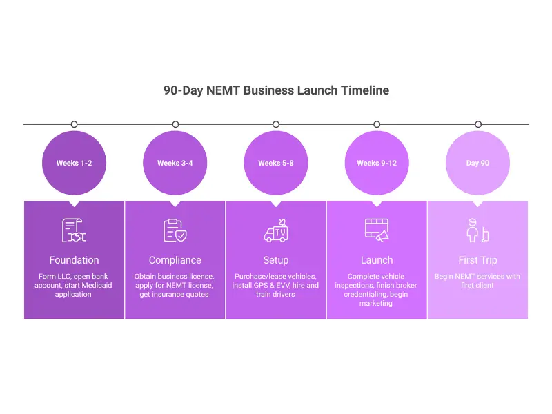 NEMT business 90-day launch timeline showing week-by-week milestones from business formation through first transport completing operations