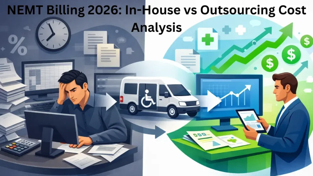 NEMT billing cost comparison showing in-house billing challenges versus outsourced billing efficiency for medical transportation companies