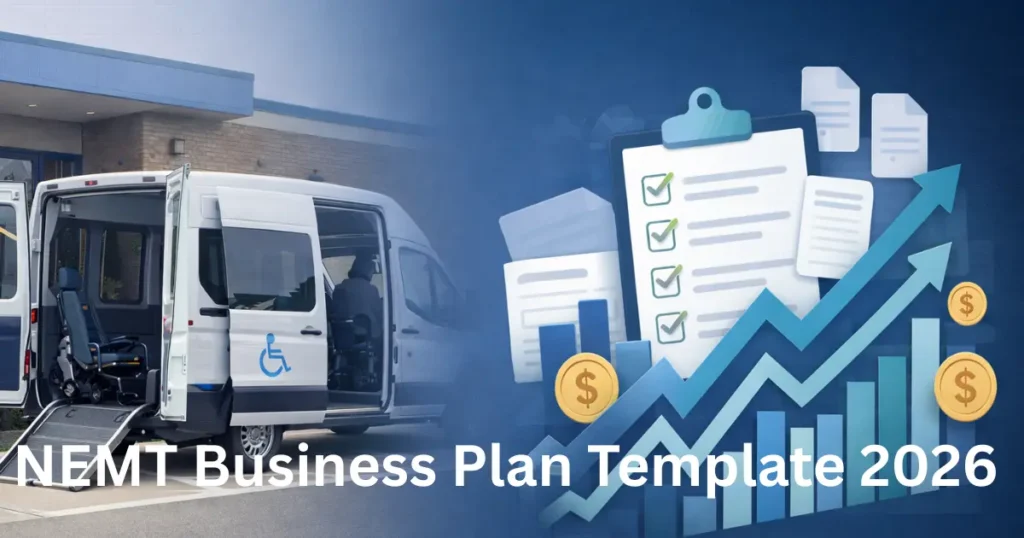 NEMT business plan template showing wheelchair accessible van, financial charts, and business planning documents for medical transportation startup