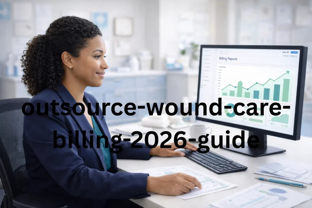 Healthcare administrator reviewing wound care billing reports on computer with medical billing dashboard showing revenue metrics and claim status