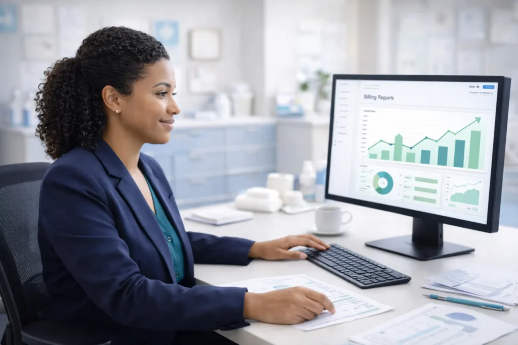 Healthcare administrator reviewing wound care billing reports on computer with medical billing dashboard showing revenue metrics and claim status