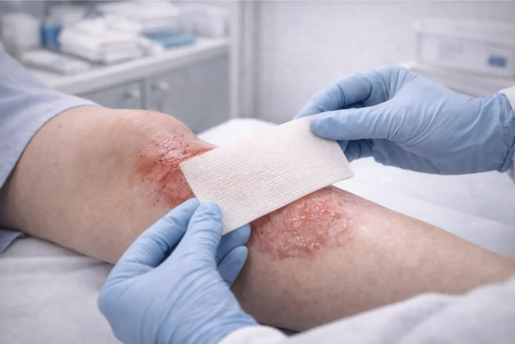 Medical professional applying a skin substitute graft to a wound in a clinical setting representing the 2026 CMS flat rate billing change for outpatient wound care
