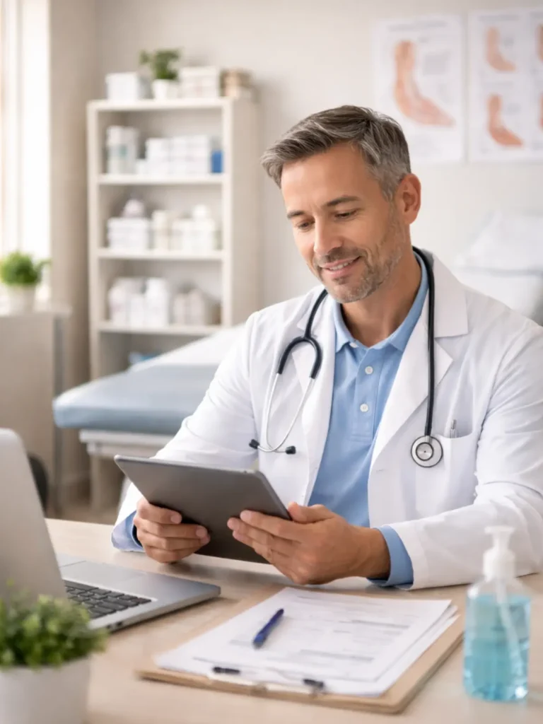 Solo podiatrist or small wound care practice owner reviewing billing reports with relief showing simplified outsourced billing management