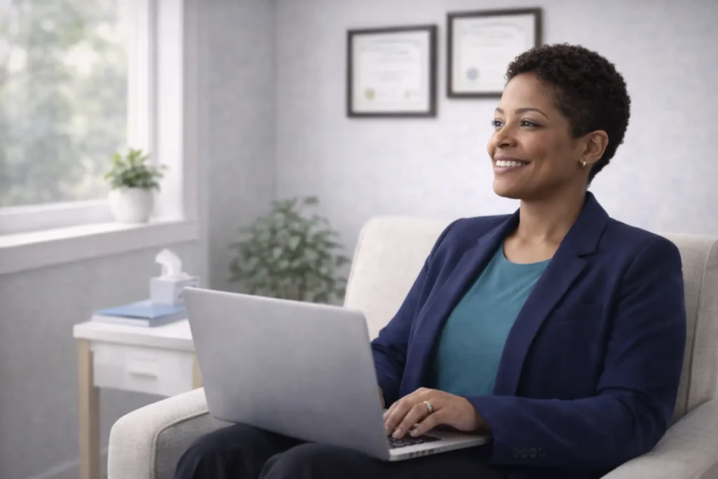 Therapist experiencing peace of mind with reliable mental health billing partner — focus on patient care instead of insurance paperwork