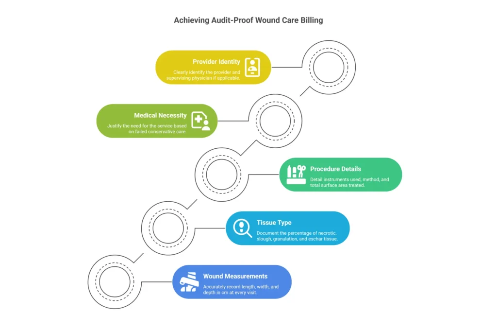 The 5 pillars of wound care billing documentation: wound measurements, tissue type, procedure details, medical necessity, and provider identity