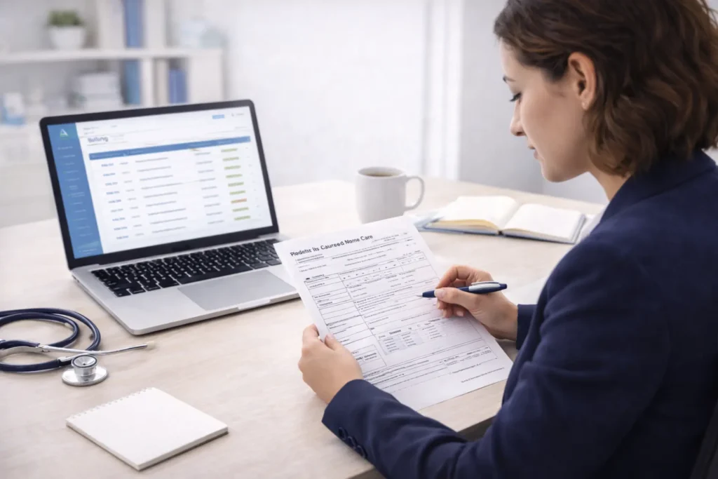 Wound care billing specialist reviewing CPT codes and patient documentation at a medical office desk