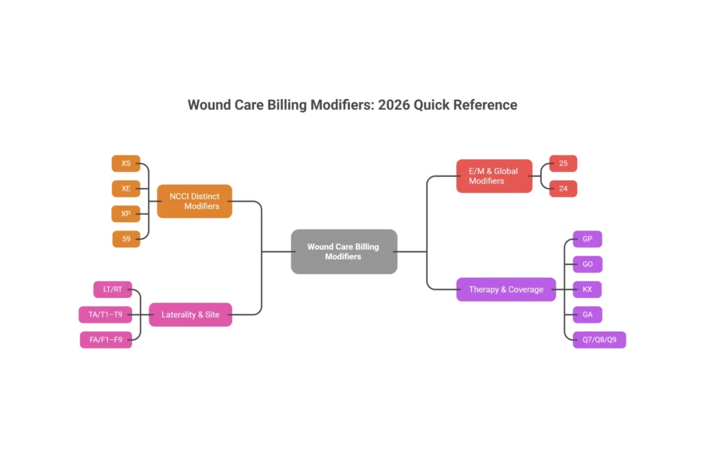 wound care billing modifiers XS 25 GP GO KX complete guide 2026