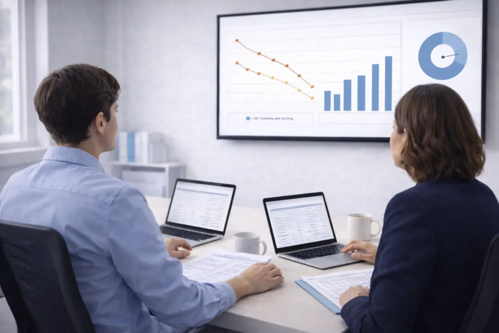 Wound care billing outsourcing specialist team reviewing revenue cycle performance dashboard with KPI metrics for a wound care practice