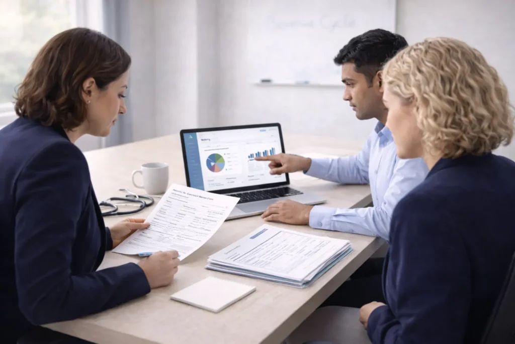 Wound care billing and coding specialists collaborating at a medical revenue cycle management office