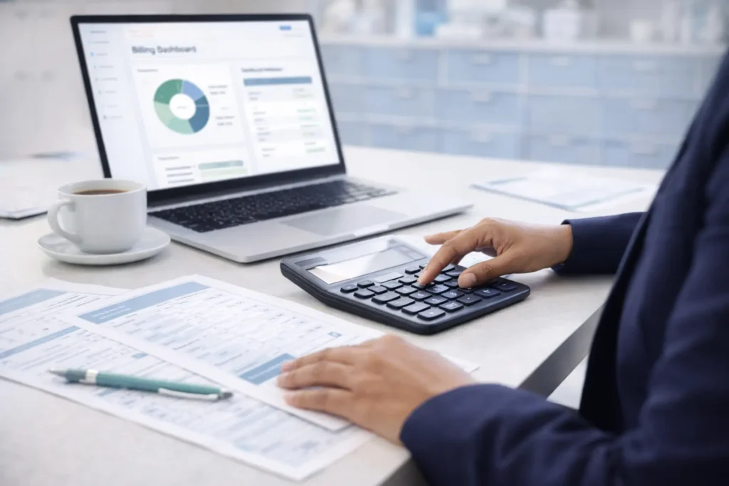 Medical billing specialist calculating wound care billing costs with calculator and financial reports showing percentage-based and flat fee pricing optionsThe Math