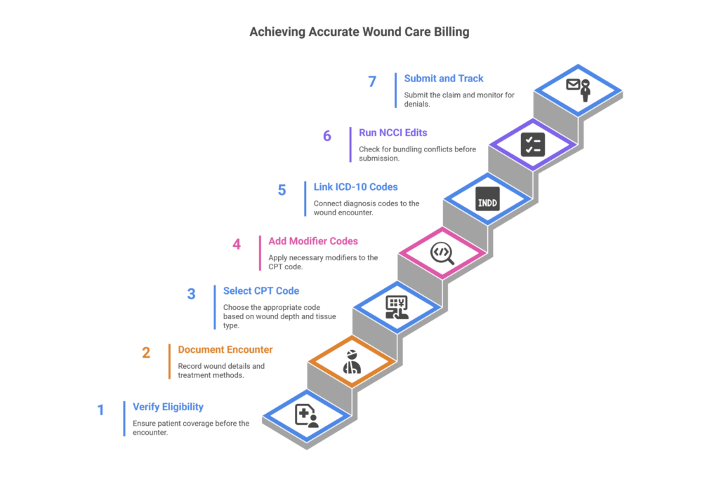 7-step wound care billing process infographic from patient assessment to denial management