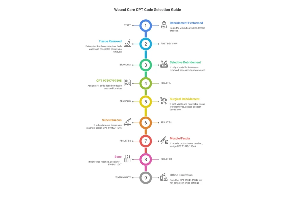 Wound care CPT code selection decision tree flowchart showing how to choose between 97597 selective debridement and 11042-11047 surgical debridement codes