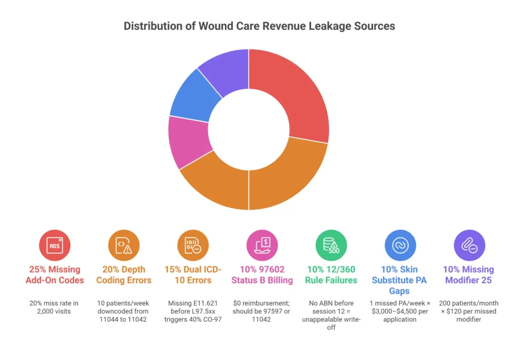Infographic showing 7 wound care revenue leakage points with estimated annual dollar losses per billing error type