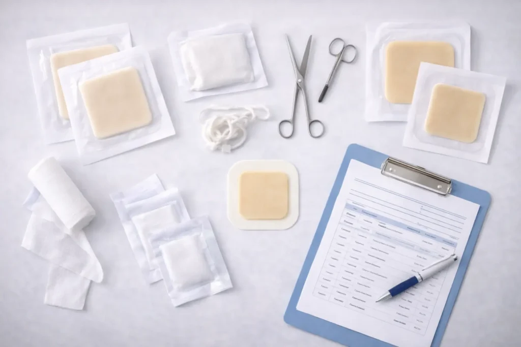 Various wound care dressings and supplies including foam, alginate, and hydrocolloid dressings arranged on a medical surface representing Medicare Part B billable wound care supplies