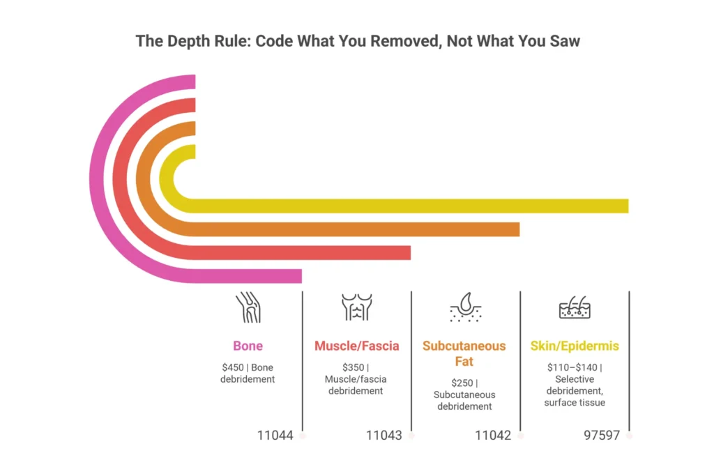 Infographic showing the wound debridement depth coding rule for CPT codes 97597, 11042, 11043, and 11044 with tissue layer diagram