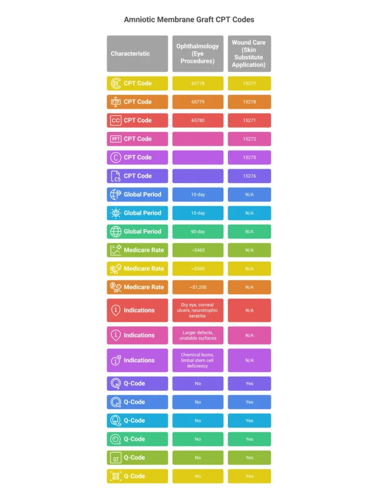 Amniotic graft CPT codes comparison — wound care 15271-15278 vs ophthalmology 65778-65780