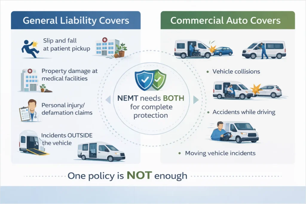 Comparison diagram showing what general liability covers versus commercial auto insurance covers in NEMT operations