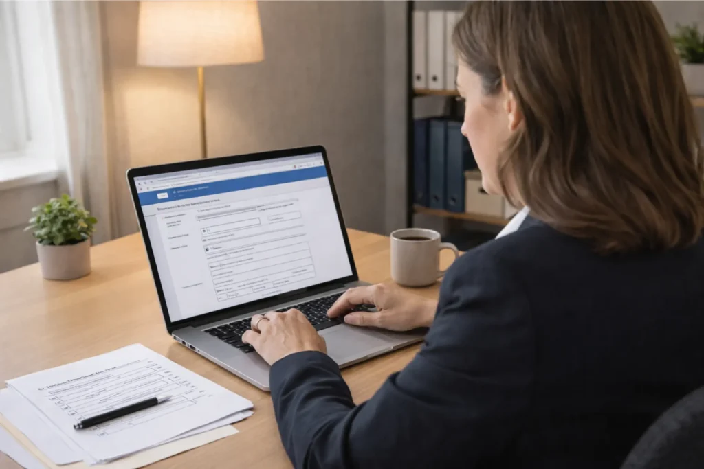 How to get a NEMT business license step by step — NEMT business owner completing LLC registration and state licensing application on laptop with checklist beside them