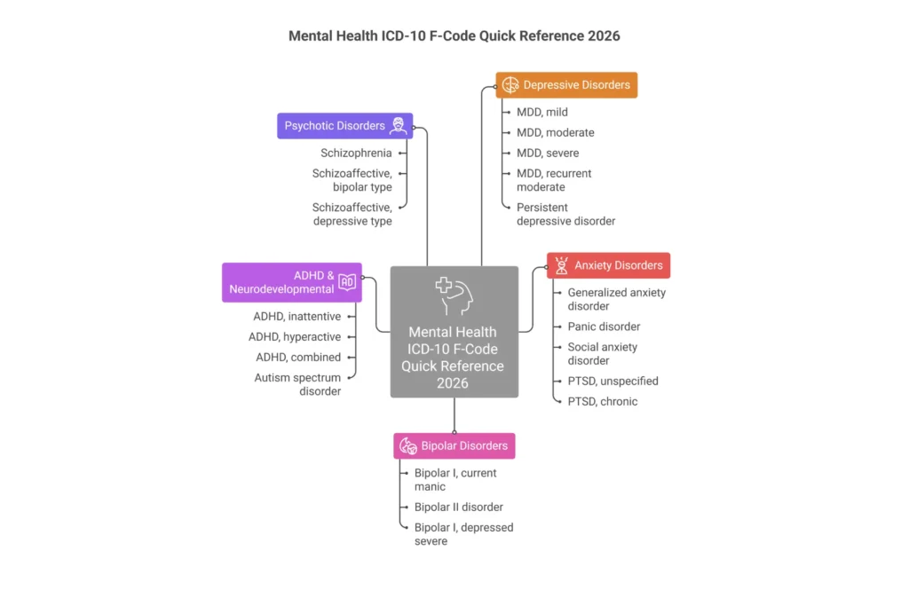 ICD-10 mental health F-codes infographic showing anxiety, depression, PTSD, bipolar and schizophrenia diagnosis codes for behavioral health billing