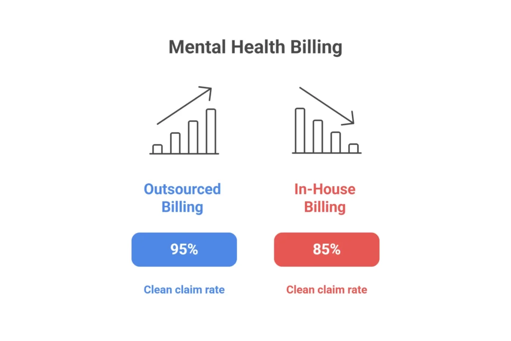 In-house vs outsourced mental health billing side-by-side comparison — cost, clean claim rates, denial rates, days in AR and turnover risk