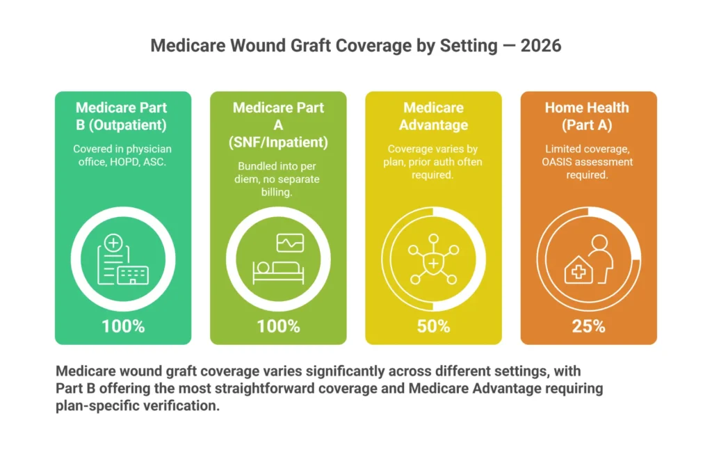 Infographic showing Medicare wound graft coverage by setting — Part A SNF, Part B outpatient, HOPD, ASC, and Medicare Advantage plan comparison