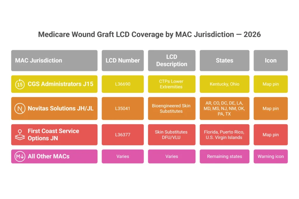 Infographic showing Medicare wound care graft LCD coverage by MAC jurisdiction across US states in 2026
