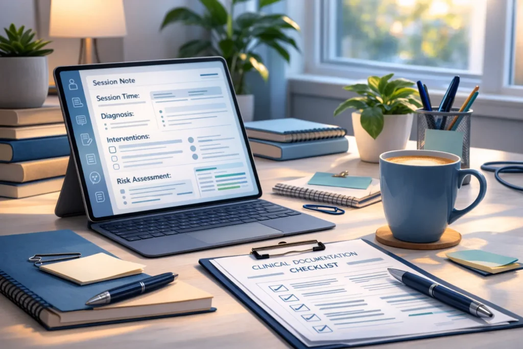 Mental health billing documentation requirements checklist showing required elements for CPT 90837, 90791 and telehealth session notes