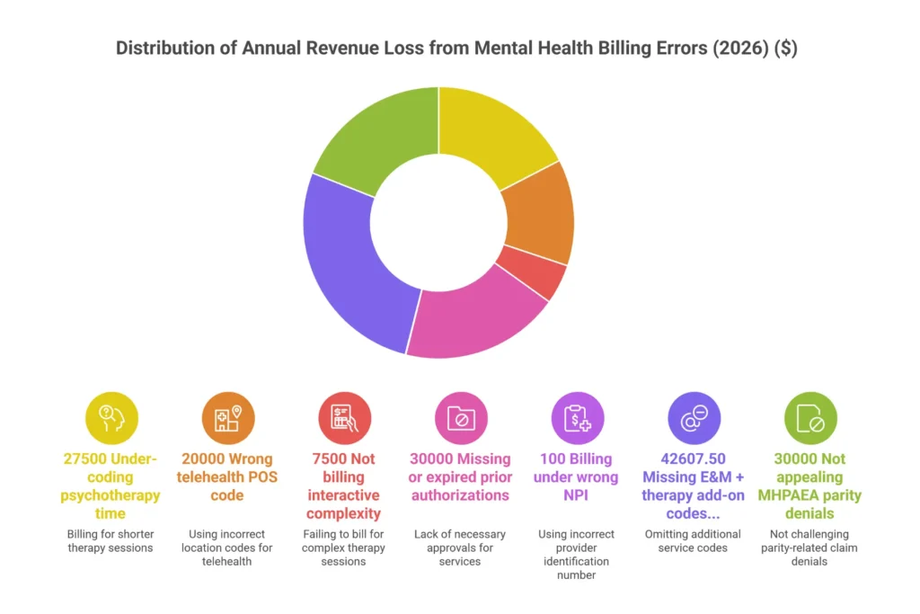 Top 10 mental health billing errors infographic showing annual revenue loss per error for behavioral health practices in 2026