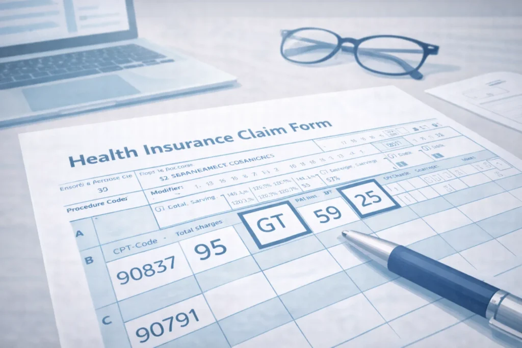 Mental health billing modifier codes guide showing modifier 95, GT, 59, 25 and credential modifiers for behavioral health claims