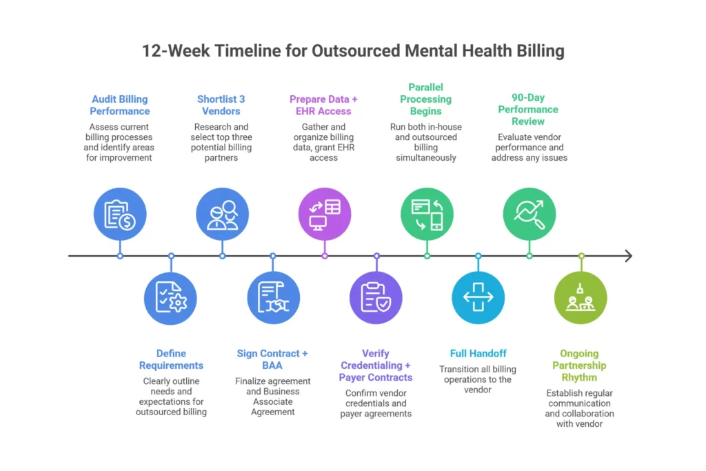 Mental health billing transition timeline — 10-step process from contract signing to full optimization over 12 weeks