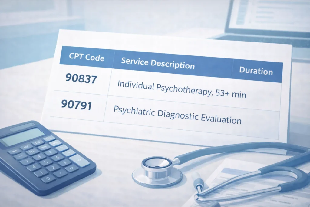 Mental health CPT codes 2026 reference chart showing 90791, 90837, 90834 psychotherapy billing codes with Medicare rates