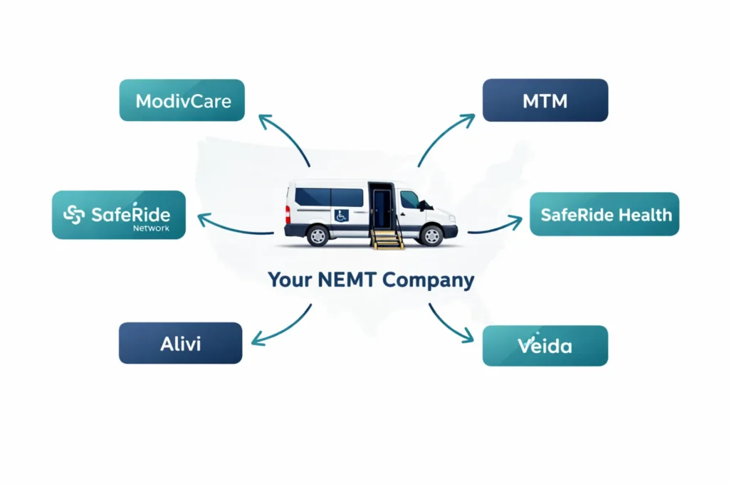 major nemt broker networks comparison modivcare mtm saferide health alivi enrollment