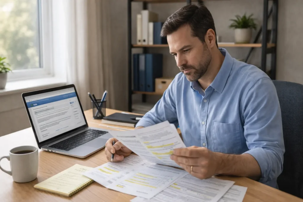 NEMT business license requirements 2026 — new NEMT entrepreneur reviewing state licensing documents and compliance paperwork at office desk