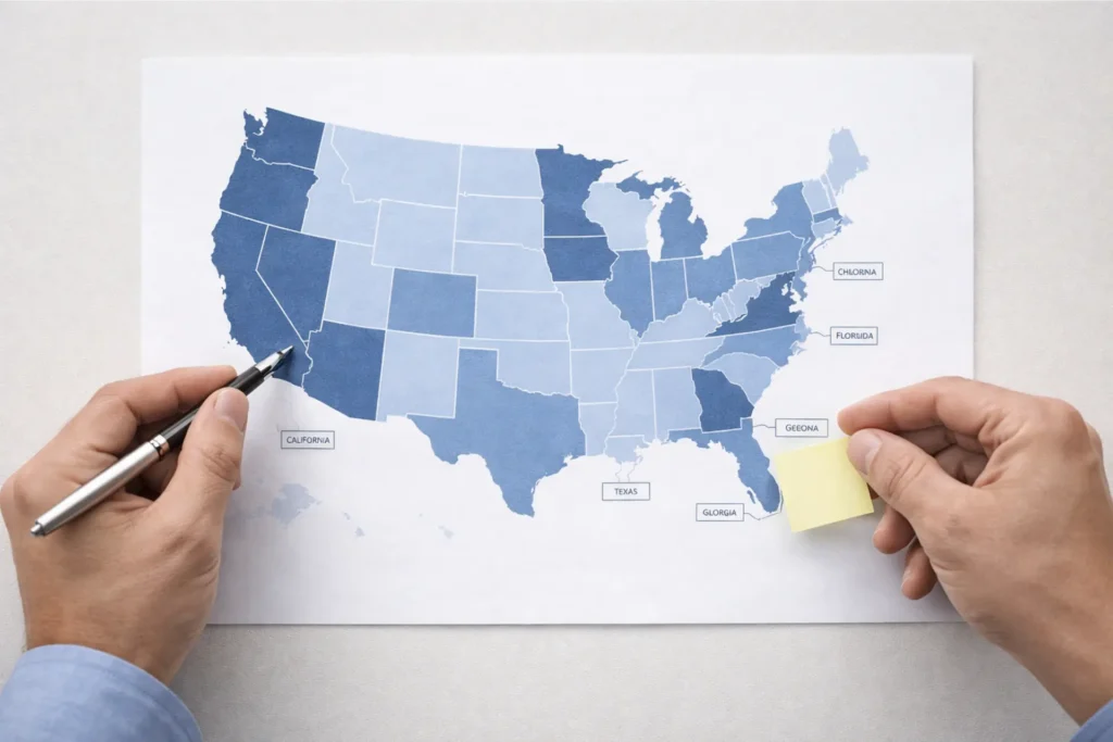 NEMT business license requirements by state 2026 — US map showing state-specific NEMT licensing complexity with California, Texas, Florida, Michigan, Georgia, Ohio and Virginia highlighted