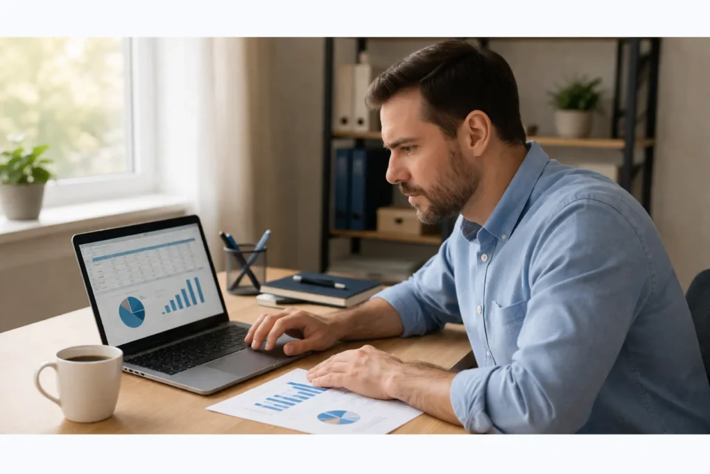 NEMT business owner reviewing working capital and cash flow spreadsheet for startup financial planning