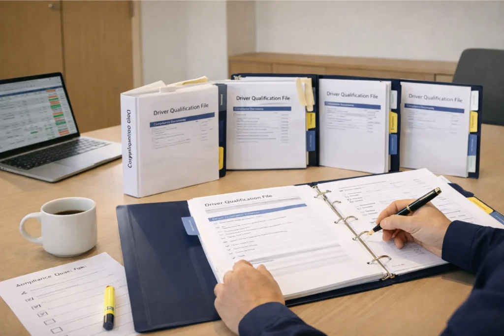 NEMT operator reviewing driver qualification files for Medicaid audit preparation with organized compliance folders and checklist