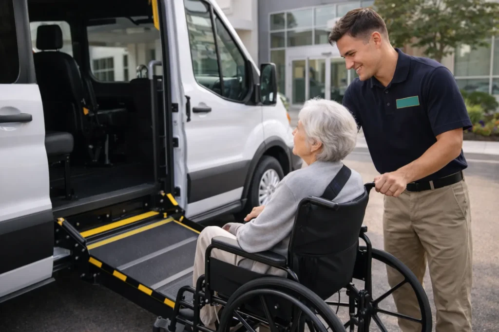NEMT driver requirements 2026 — credentialed driver assisting wheelchair patient into accessible van
