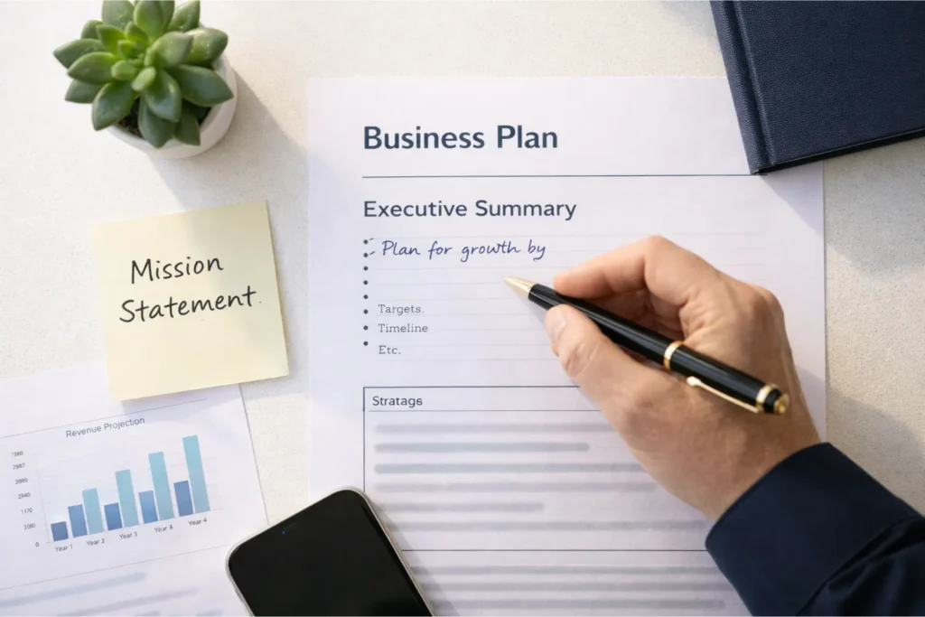 NEMT business owner writing executive summary section of non-emergency medical transportation business plan