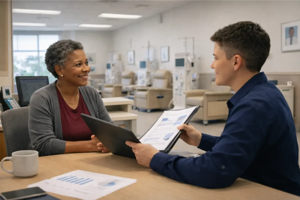 NEMT business owner presenting capabilities packet to dialysis center administrator for facility transportation partnership
