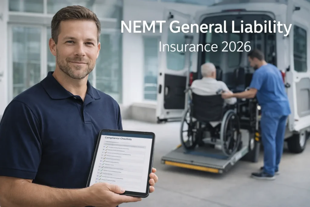 NEMT general liability insurance coverage overview with calculator showing policy costs and network requirements