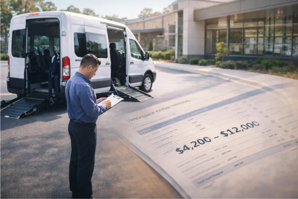 NEMT insurance cost 2026 — wheelchair van with insurance paperwork showing $4,000 to $18,000 annual cost range