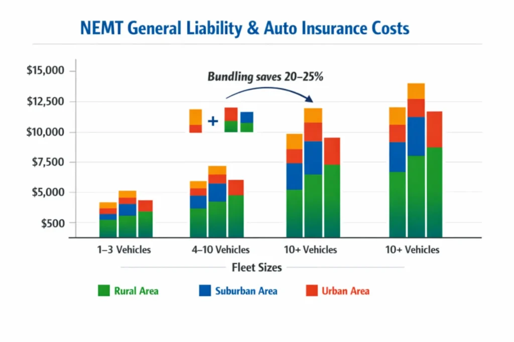 Cost breakdown chart showing NEMT general liability and commercial auto insurance pricing by fleet size and location