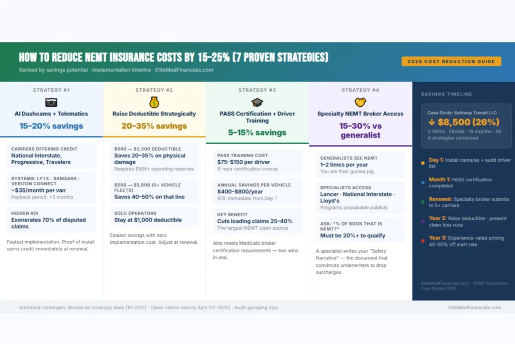 7 strategies to reduce NEMT insurance costs by 15–25% — telematics dashcams 15–20% savings, deductible increase 20–35%, PASS certification 5–10%, specialty broker 15–30%
