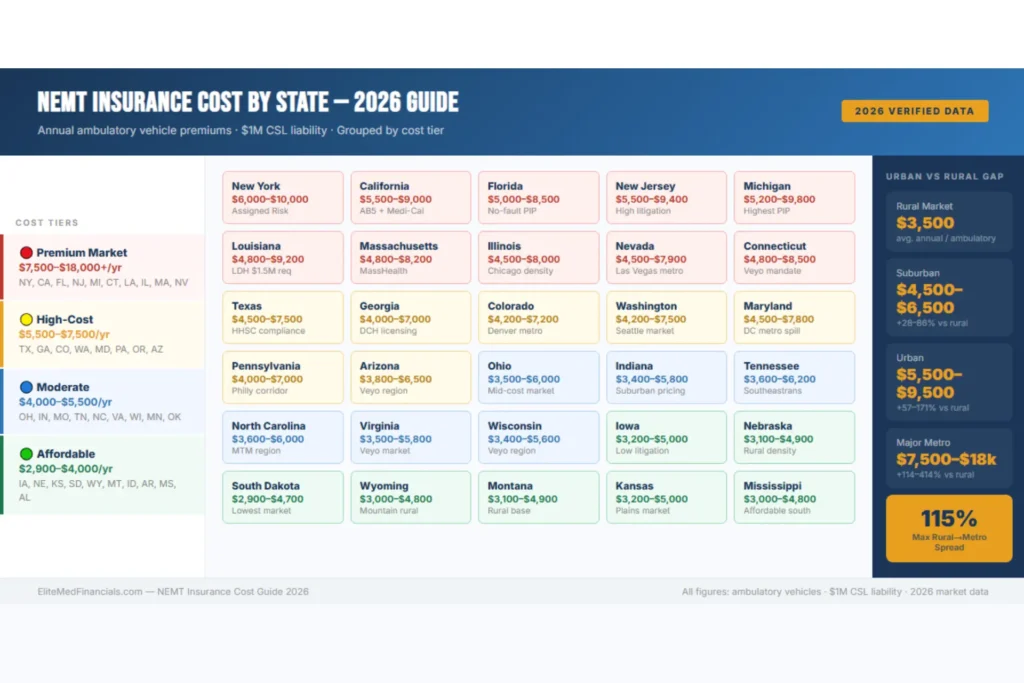 NEMT insurance cost by state 2026 — state tier map showing New York and California highest at $6,000–$10,000 annually, South Dakota and Iowa lowest at $2,900–$5,000