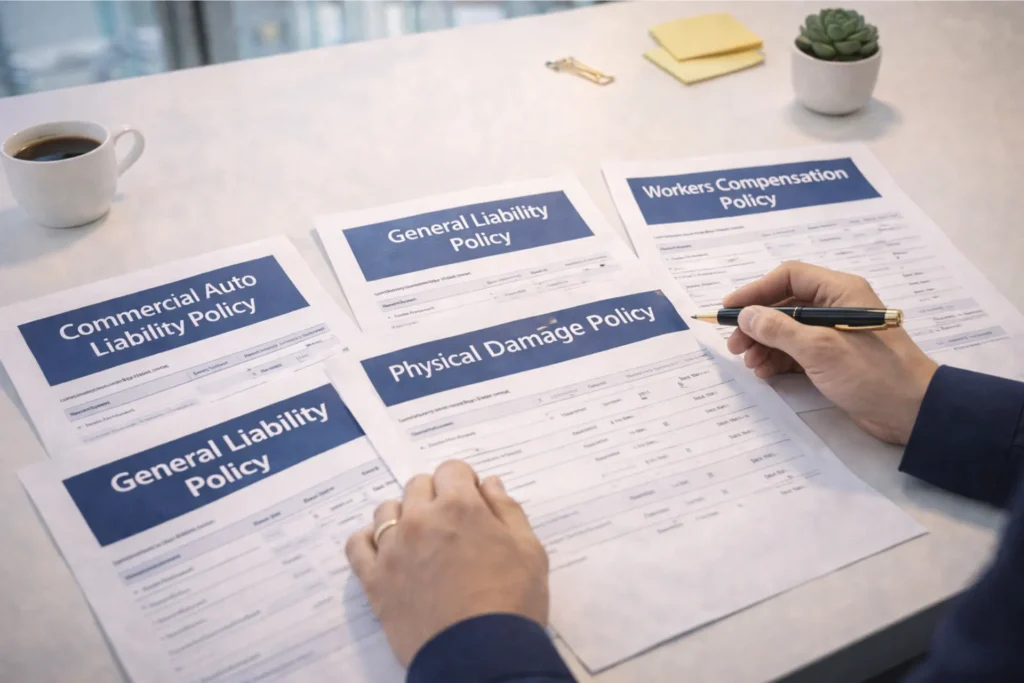 NEMT insurance coverage types — commercial auto liability, general liability, workers comp, and SAM coverage documents on desk