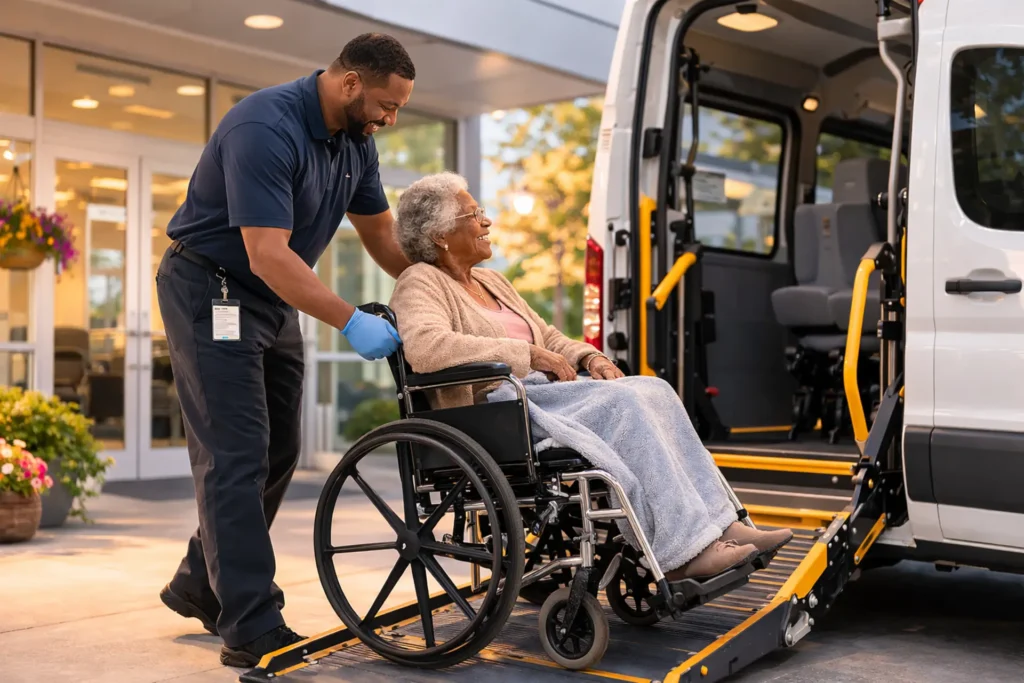 NEMT driver assisting elderly wheelchair patient into accessible van — why NEMT insurance is more expensive than standard commercial auto