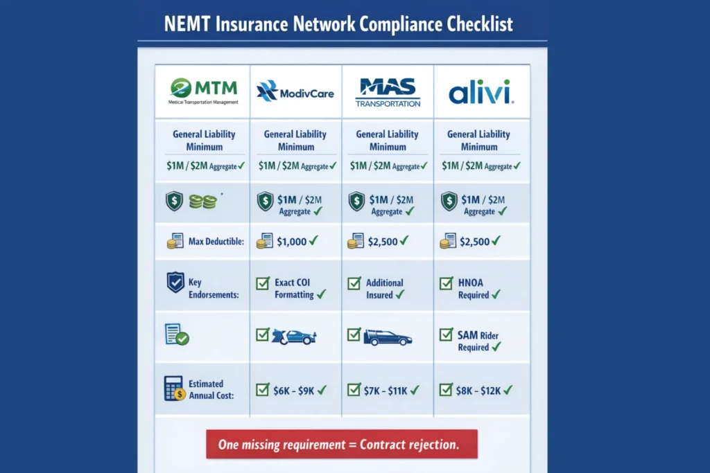 NEMT insurance network requirements checklist showing MTM, ModivCare, MAS, and Alivi coverage minimums and endorsements needed