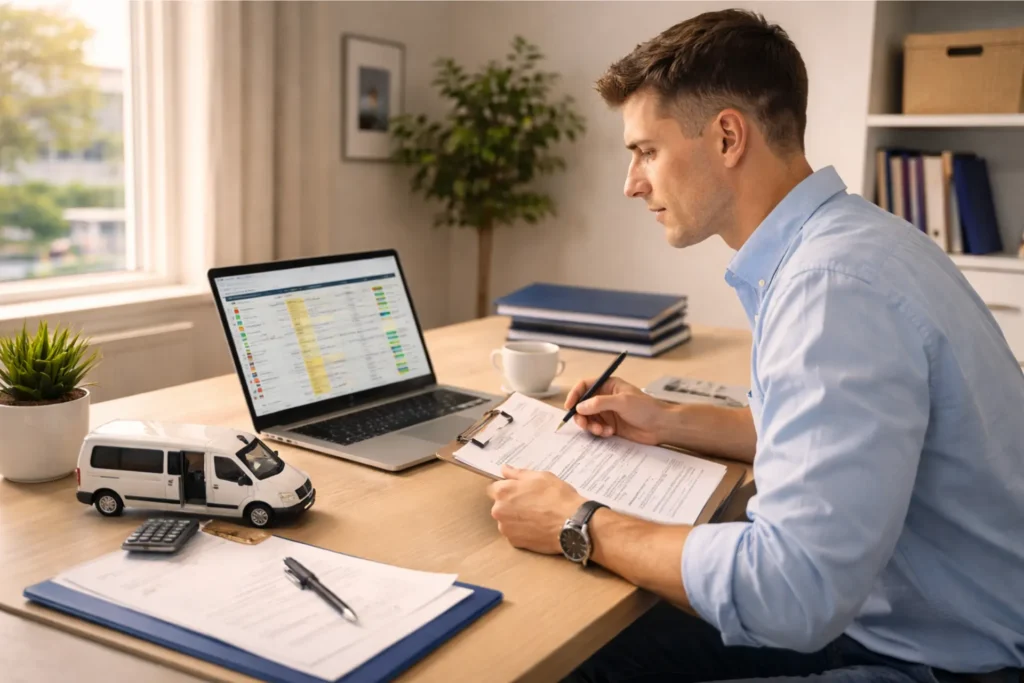 New NEMT business owner reviewing year 1 insurance budget — startup insurance costs $8,000 to $16,000 per vehicle in first year