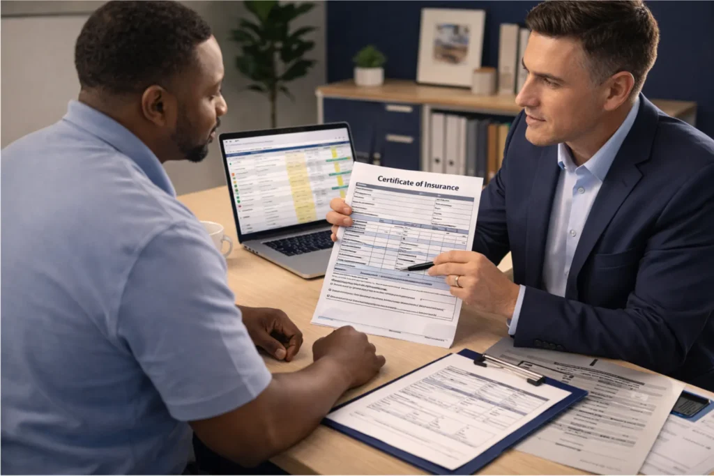 NEMT insurance broker consultation — reviewing wheelchair van insurance quote documents with a commercial insurance specialist